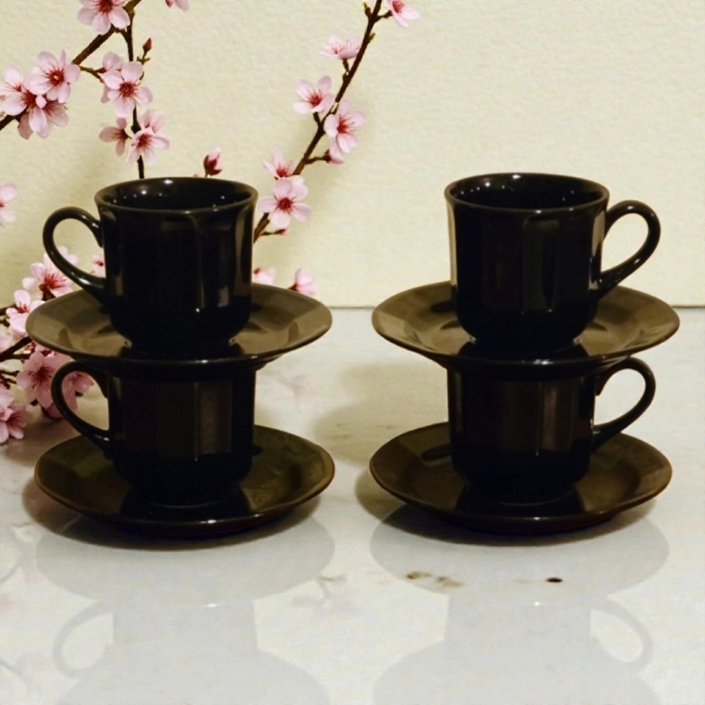 Vintage Cups & Saucers Glossy Black Stoneware Ceramic Set Of 4